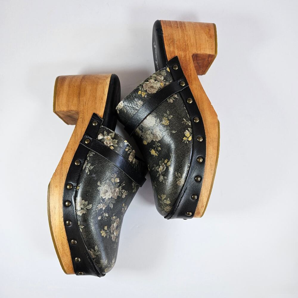 Free People Calabasas Clogs Womens EU 39 Black Floral Leather Wood Heel - Picture 4 of 11